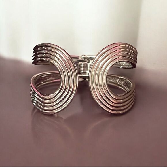Noir Silver Tone Cutout Statement Clamper Cuff Bracelet NWOT - Picture 1 of 3